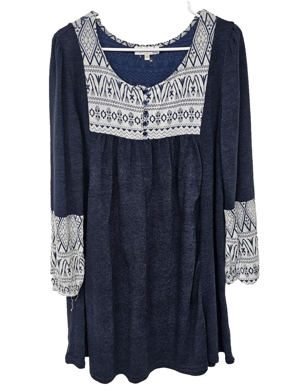 Entro Womens Dress Medium Blue White Geometric Print Midi Flowy Boho Western